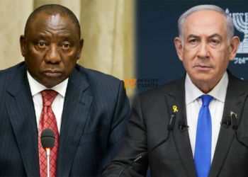 South African president speaking at a podium alongside Israeli prime minister delivering a televised address, shown in a split-screen diplomatic image