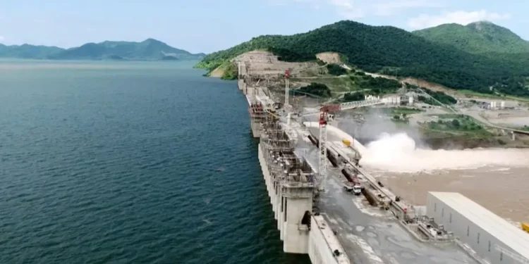 Grand Ethiopian Renaissance Dam on the Blue Nile during water release operations near the Ethiopia–Sudan border