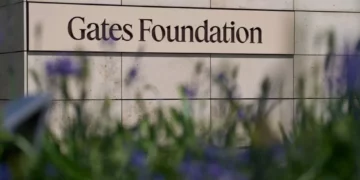 Gates Foundation sign displayed outside the organisation’s headquarters during announcement of new AI healthcare initiatives in Africa