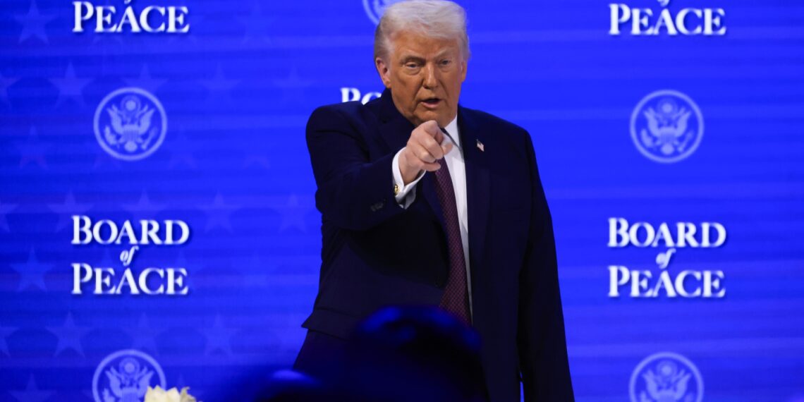 US President Donald Trump gestures while speaking during the signing ceremony of the Board of Peace at the World Economic Forum in Davos, Switzerland.