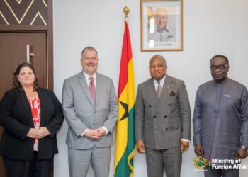Ghana’s Foreign Minister Samuel Okudzeto Ablakwa poses with Acting US Ambassador Rolf Olson and officials during bilateral talks at the Ministry of Foreign Affairs in Accra.