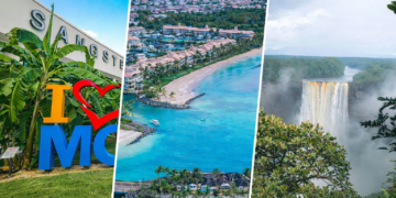 Collage showing Montego Bay airport in Jamaica, Barbados’ coastal resorts, and Guyana’s Kaieteur Falls, highlighting Caribbean tourism growth