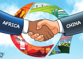 Illustration of Africa and China shaking hands, symbolising development finance ties and shifting debt flows between African nations and Beijing