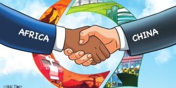 Illustration of Africa and China shaking hands, symbolising development finance ties and shifting debt flows between African nations and Beijing