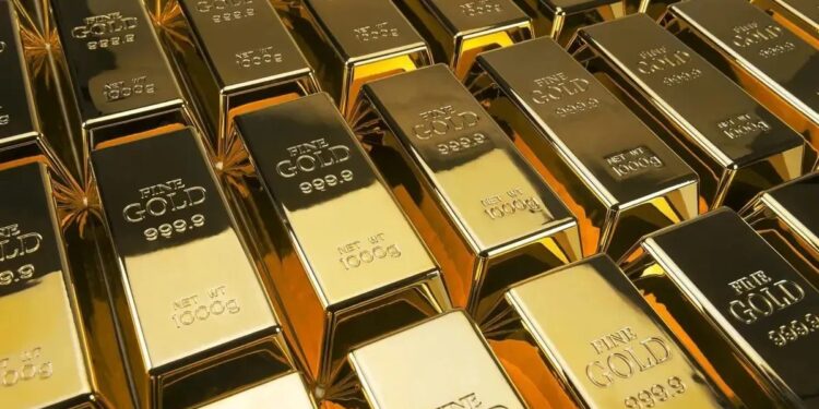 Stacks of refined gold bars labelled fine gold 999.9, representing Ghana’s gold export surge in 2025