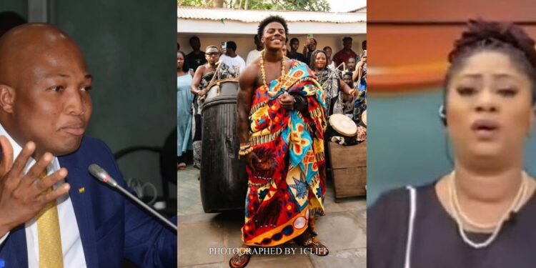 Samuel Okudzeto Ablakwa speaking at parliament, YouTuber IShowSpeed in traditional Ghanaian attire during his Accra visit, and GHOne TV presenter Lily Mohammed on air amid citizenship debate.