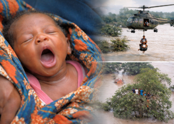 Collage showing Rosita Mabuiango as a newborn, helicopter rescue during the 2000 Mozambique floods, and families stranded in floodwaters