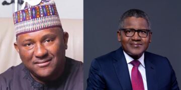 Portraits of Nigerian billionaires Aliko Dangote and Abdul Samad Rabiu, Africa’s richest business leaders in 2026.