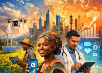 Illustration of people in emerging economies using digital tools in farming, finance, health and education beneath a glowing global network map.