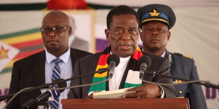 Zimbabwe President Emmerson Mnangagwa speaking at a government press briefing in Harare announcing policy decisions on international cooperation and health funding.