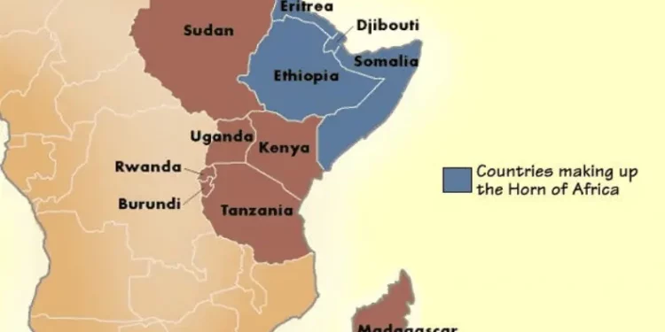 Map highlighting the Horn of Africa, with Ethiopia, Somalia, Djibouti and Eritrea shaded to show the core Horn states