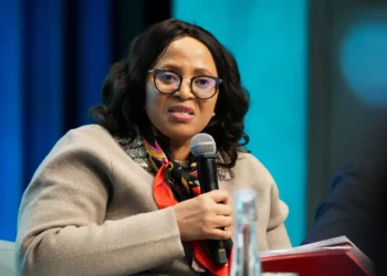 Lesotho Finance Minister Retselisitsoe Matlanyane speaking into a microphone during a public policy discussion following the national budget presentation