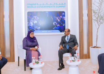 President Samia Suluhu Hassan seated in a formal lounge setting at the World Governments Summit in Dubai, holding bilateral talks with Antigua and Barbuda Prime Minister Gaston Browne while officials sit nearby