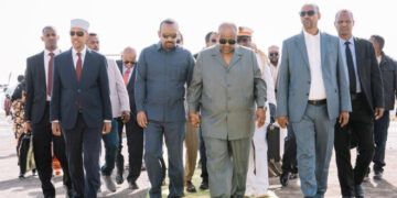 A group of Horn of Africa leaders walking together on a green carpet at the inauguration site of Shabeely Resort in Jigjiga, Ethiopia’s Somali Region
