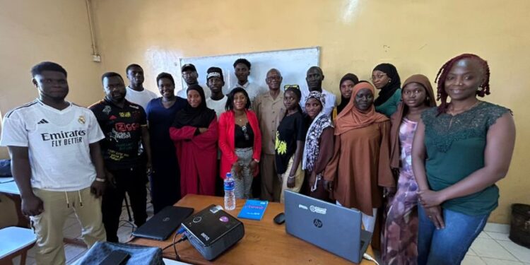 Students and civic organisers gather during the ‘Your Vote, Your Power’ youth engagement session at the Civil Service University in Kanifing, The Gambia, ahead of the 2026 presidential elections