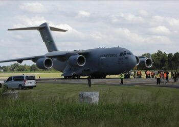 US Air Force transport aircraft arrives at Maiduguri airport carrying American troops for non-combat security support deployment in northeast Nigeria