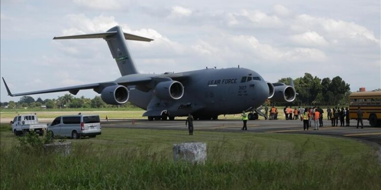 US Air Force transport aircraft arrives at Maiduguri airport carrying American troops for non-combat security support deployment in northeast Nigeria
