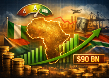 A digital illustration showing a glowing outline of the African continent over rising green bar charts and an upward arrow, with stacks of coins, a credit ratings gauge, and a ‘$90bn’ debt marker in the background