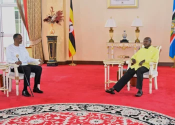 Ugandan President Yoweri Museveni meets RSF commander Mohamed Hamdan Dagalo at the presidential palace in Entebbe during diplomatic talks.
