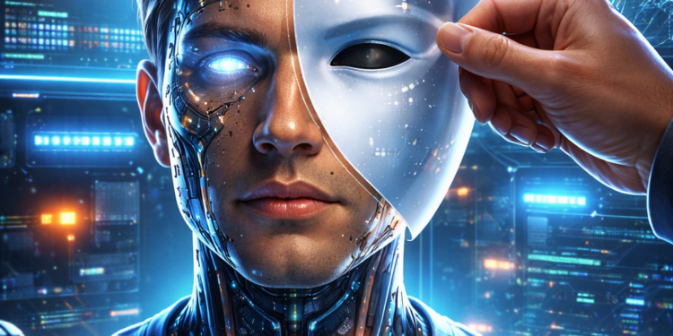 Conceptual illustration of a human face revealing artificial intelligence beneath a mask, symbolising deepfake technology and digital identity manipulation