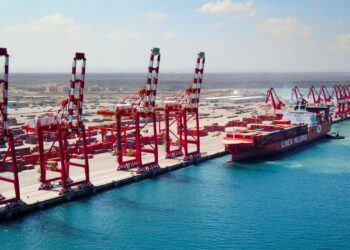 Container ship docked at a major African seaport with red gantry cranes loading cargo, illustrating China’s expanding role in Africa ports infrastructure