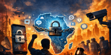 Illustration depicting Africa’s digital landscape with a locked map of the continent, surveillance technology and a raised fist symbolising free speech and digital rights