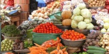 Fresh vegetables and staple food products displayed at a local market in Gabon amid government measures to reduce food prices