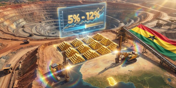 Open-pit gold mine in Ghana with stacked gold bars, a digital chart showing royalties rising from 5 percent to 12 percent, and the Ghana flag in the foreground