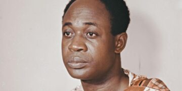 Portrait of Ghana’s first president Kwame Nkrumah, whose legacy is debated 60 years after his 1966 overthrow