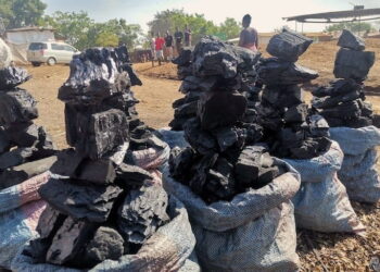 Seized bags of illegal charcoal stacked outdoors in Malawi following interception of a smuggling operation linked to a fake funeral procession