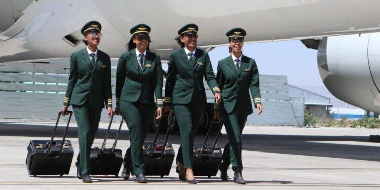 Female Ethiopian Airlines pilots walk beside aircraft during International Women’s Day all-women flight operations in Addis Ababa