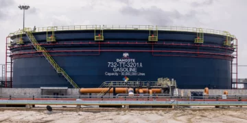 Dangote Refinery gasoline storage tank in Lagos, Nigeria, as domestic refining output drives suspension of petrol import licences.