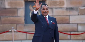 Denis Sassou Nguesso waves during a public appearance ahead of the March 15, 2026 Congo Republic presidential election