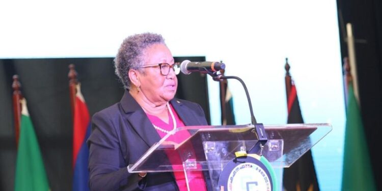Dr Carla Barnett speaking at the CARICOM Heads of Government meeting in St Kitts and Nevis, outlining plans to strengthen trade ties with Africa