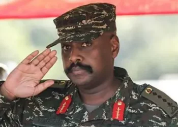 Uganda army chief Muhoozi Kainerugaba saluting in military uniform amid anti-corruption crackdown in the UPDF