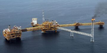 Nigerian offshore oil platform in the Gulf of Guinea producing crude oil for export to the United States