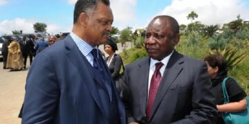 Cyril Ramaphosa with US civil rights leader Jesse Jackson during a meeting highlighting solidarity with South Africa’s anti-apartheid struggle