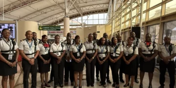 Kenya customs officers wearing body cameras at Jomo Kenyatta International Airport as part of anti-corruption and border transparency initiative