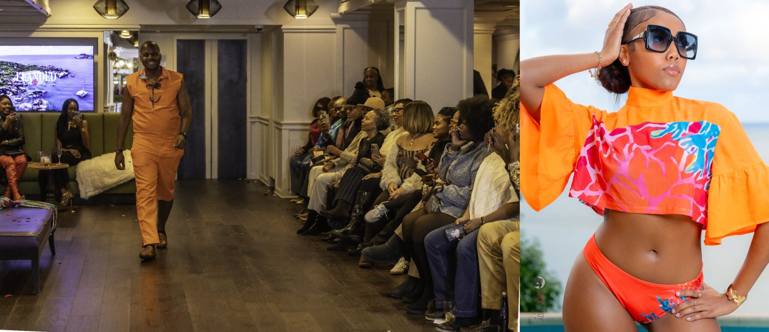 British Virgin Islands Premier Dr Natalio Wheatley walks the runway during a Caribbean fashion showcase alongside vibrant resort swimwear design from Andrea Wilson’s Islander label