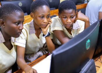 Ghanaian schoolgirls learning computer programming during a digital skills training session as Ghana expands AI education initiatives