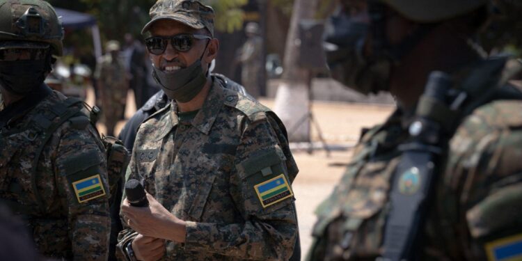 Rwandan President Paul Kagame with Rwanda Defence Force troops during a military briefing, highlighting Kigali’s expanding regional security role
