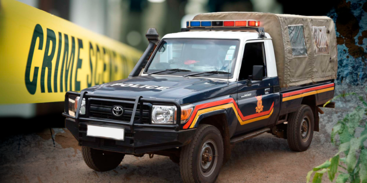 Kenya police vehicle at crime scene during migrant trafficking investigation in Nairobi