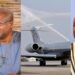 President John Mahama, a private jet used for recent official trips, and businessman Ibrahim Mahama amid Ghana opposition calls for probe into presidential jet use