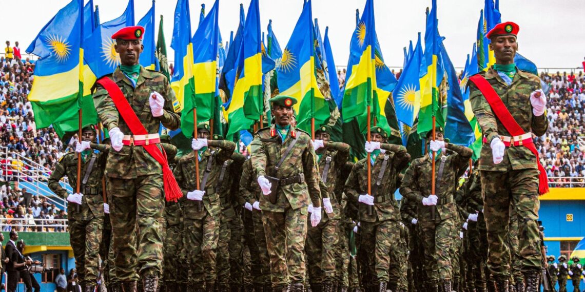 Rwanda Defence Force soldiers march during national ceremony amid US sanctions tensions