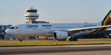 Uganda Airlines aircraft at Entebbe airport as Uganda plans $113m fleet expansion to 16 planes