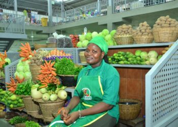 Female market vendor selling fresh vegetables in a market in Benin