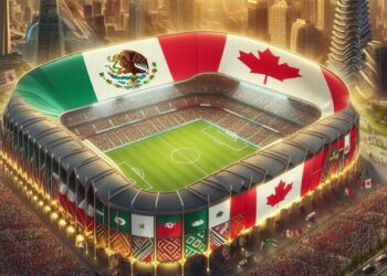 World Cup 2026 stadium in North America with Mexico, United States and Canada flags, symbolising global football and geopolitical tension