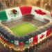 World Cup 2026 stadium in North America with Mexico, United States and Canada flags, symbolising global football and geopolitical tension