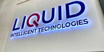 Logo of Liquid Intelligent Technologies displayed on a wall, representing the company’s digital infrastructure brand in Africa
