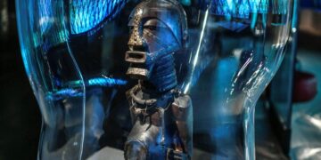 African artefact displayed under glass in a French museum, highlighting colonial-era cultural heritage held in Europe